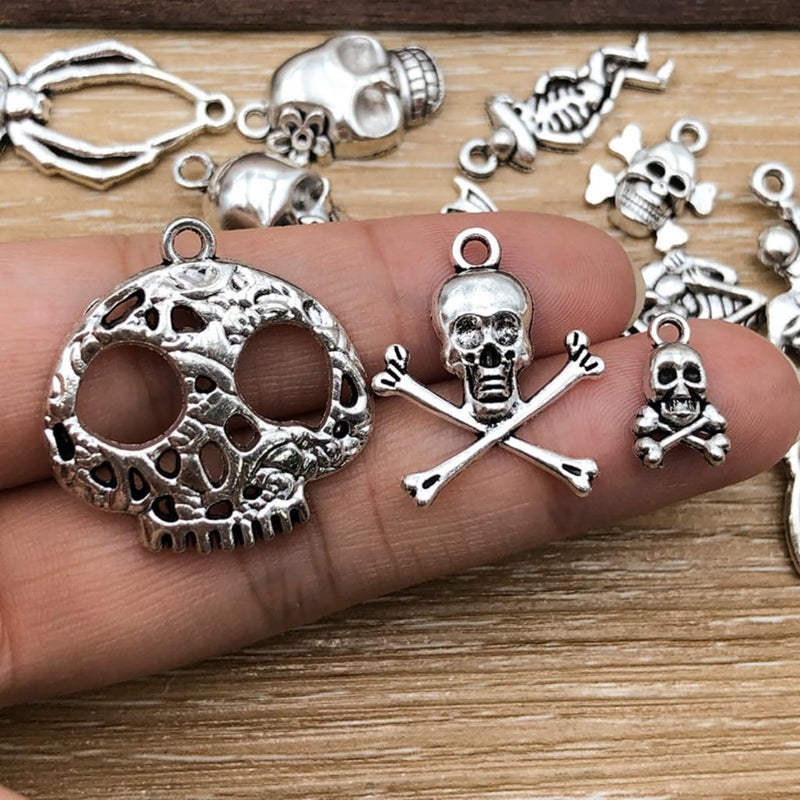 ALIMITOPIA Skull Head Charm Skeleton Bone Halloween DIY Jewelry Making Charm Pendant for Punk Necklace Bracelet Accessaries(32pcs;Silver Tone) - Image 2